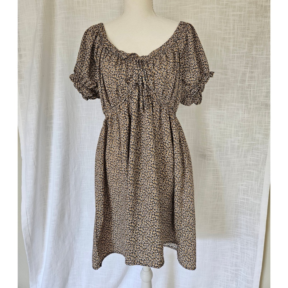 Floral Mini Dress Women XL Yellow Black Ditsy Daisy Puff Sleeve Cottagecore